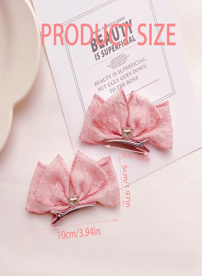Rannyrena Elegant Lace Hair Bows for Girls Handmade Bowknot Hairpins with Heart Crystal Wedding Birthday Hair Accessories for Baby Infants Toddlers Kids (Pink) - Image 5